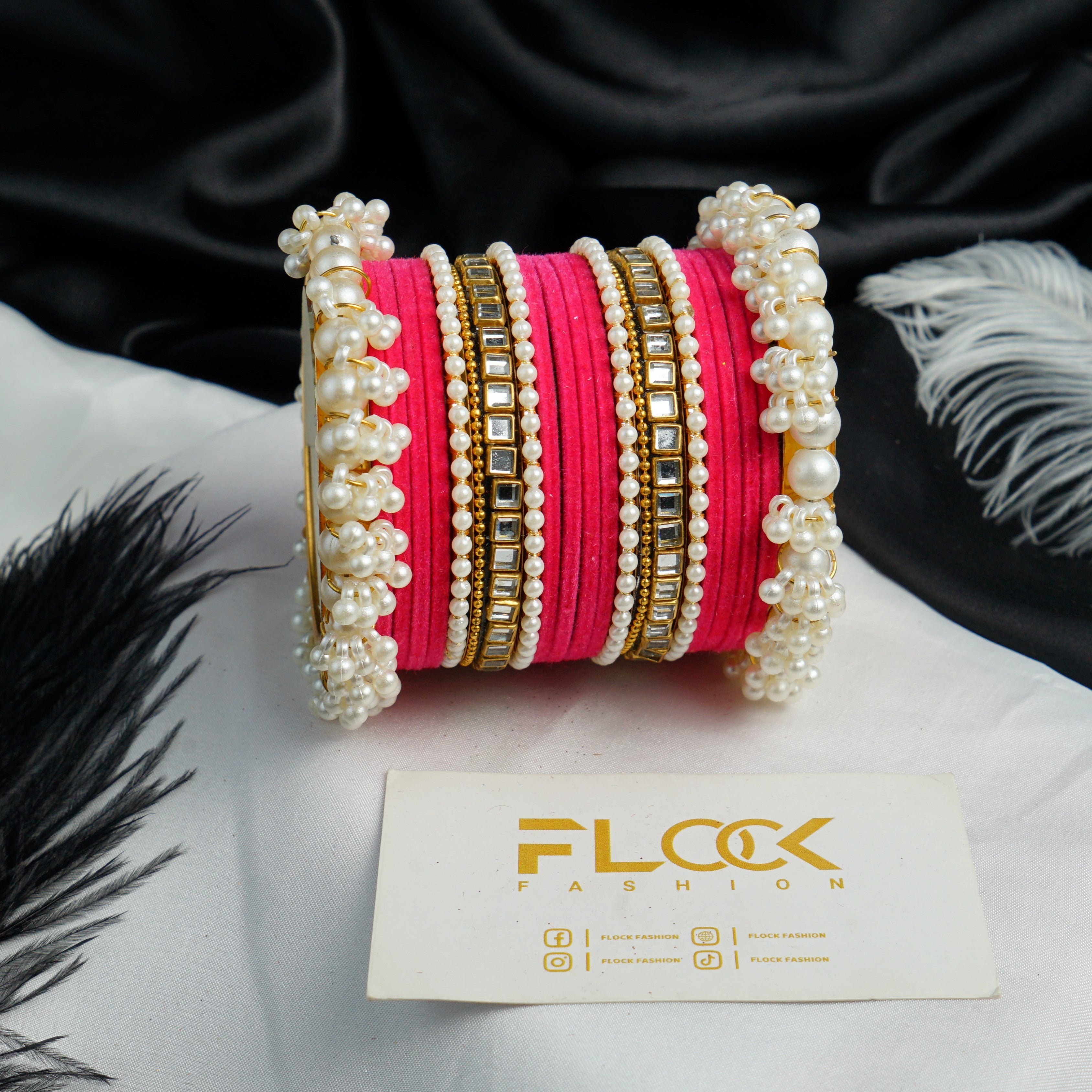 Pearl Kundan Velvet Bangle Set