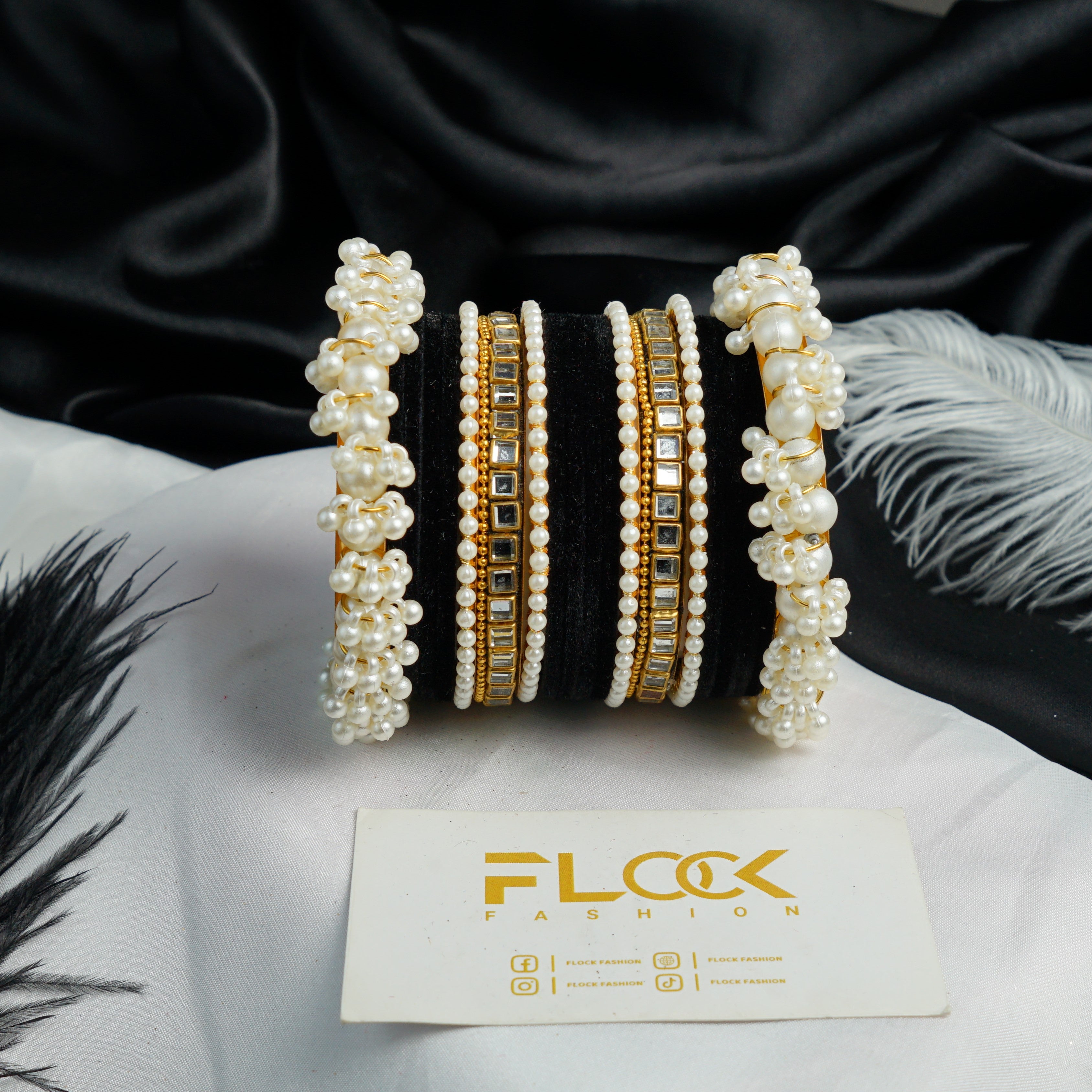 Pearl Kundan Velvet Bangle Set