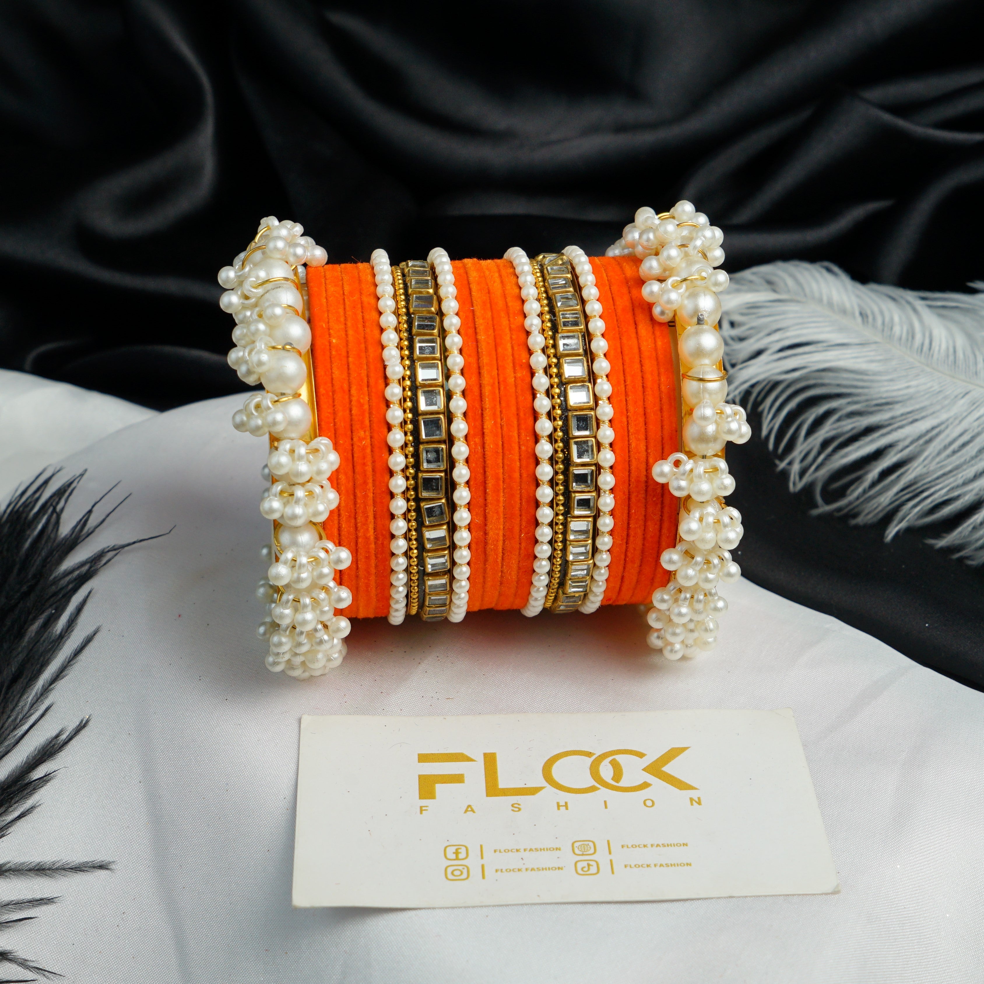Pearl Kundan Velvet Bangle Set
