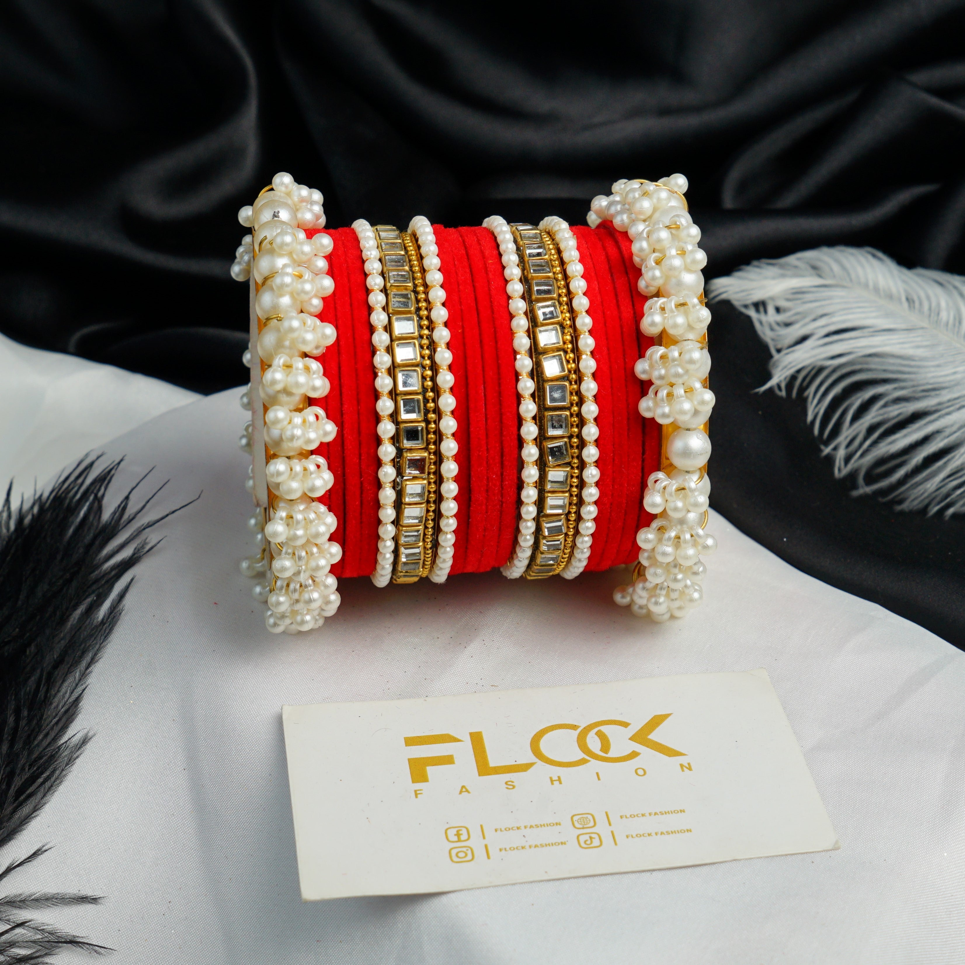 Pearl Kundan Velvet Bangle Set