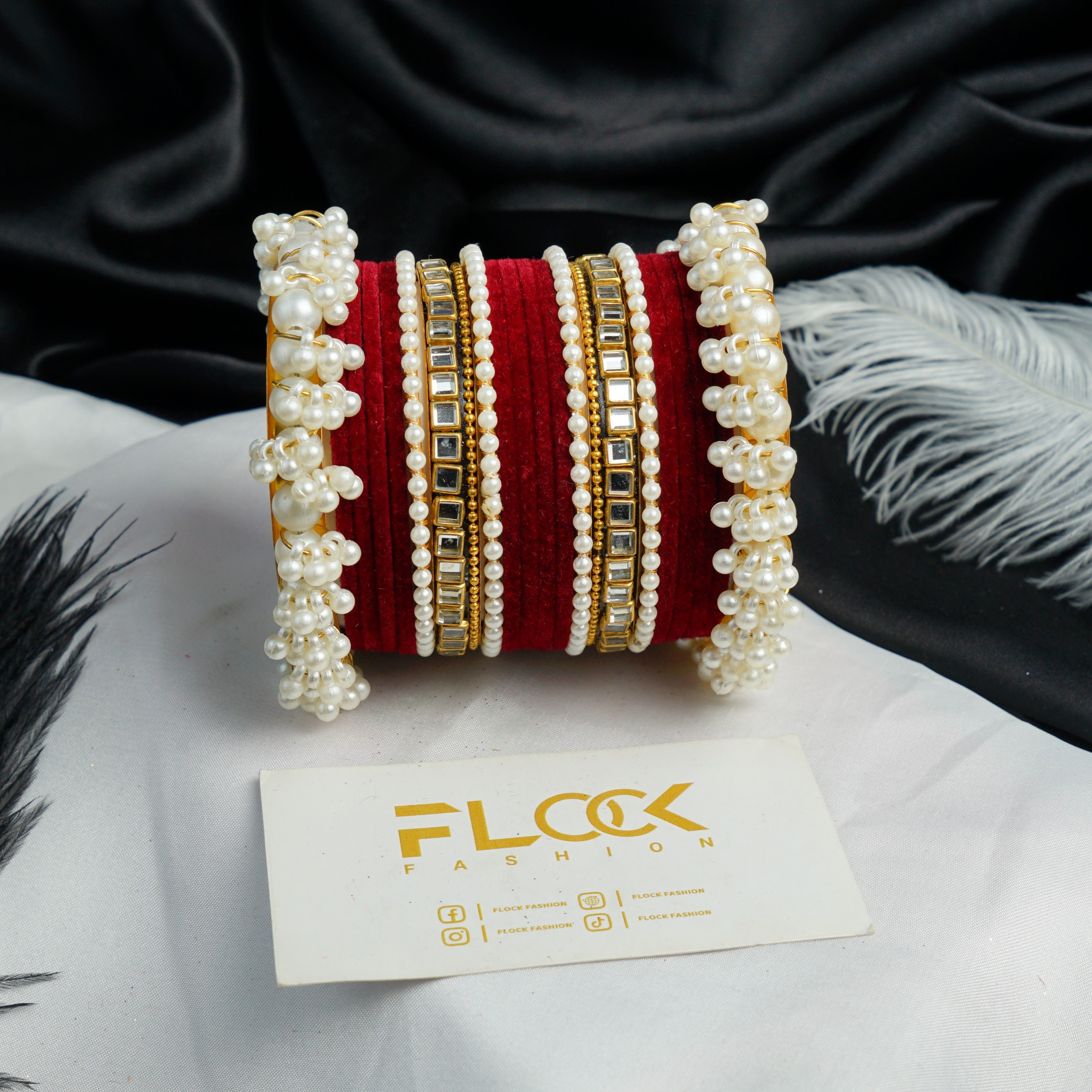 Pearl Kundan Velvet Bangle Set