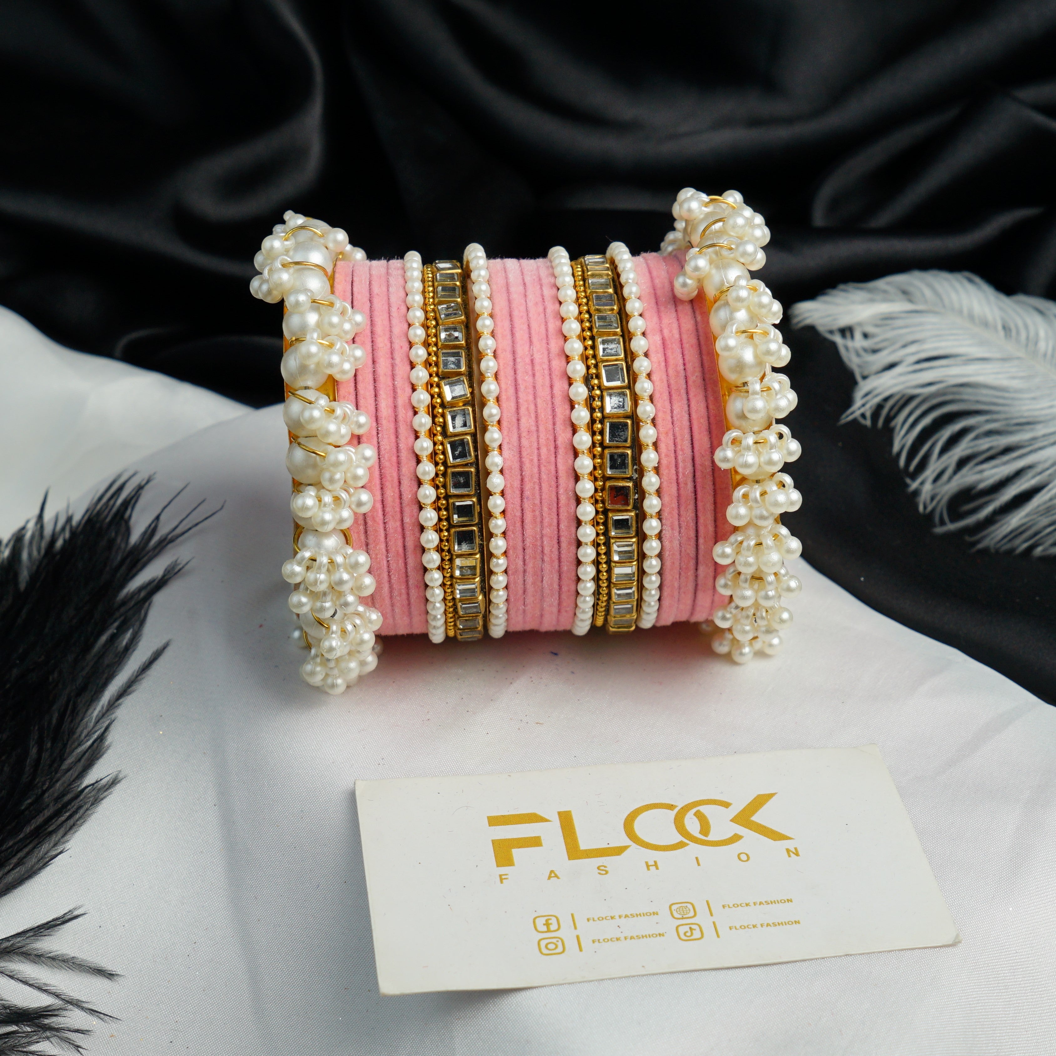 Pearl Kundan Velvet Bangle Set