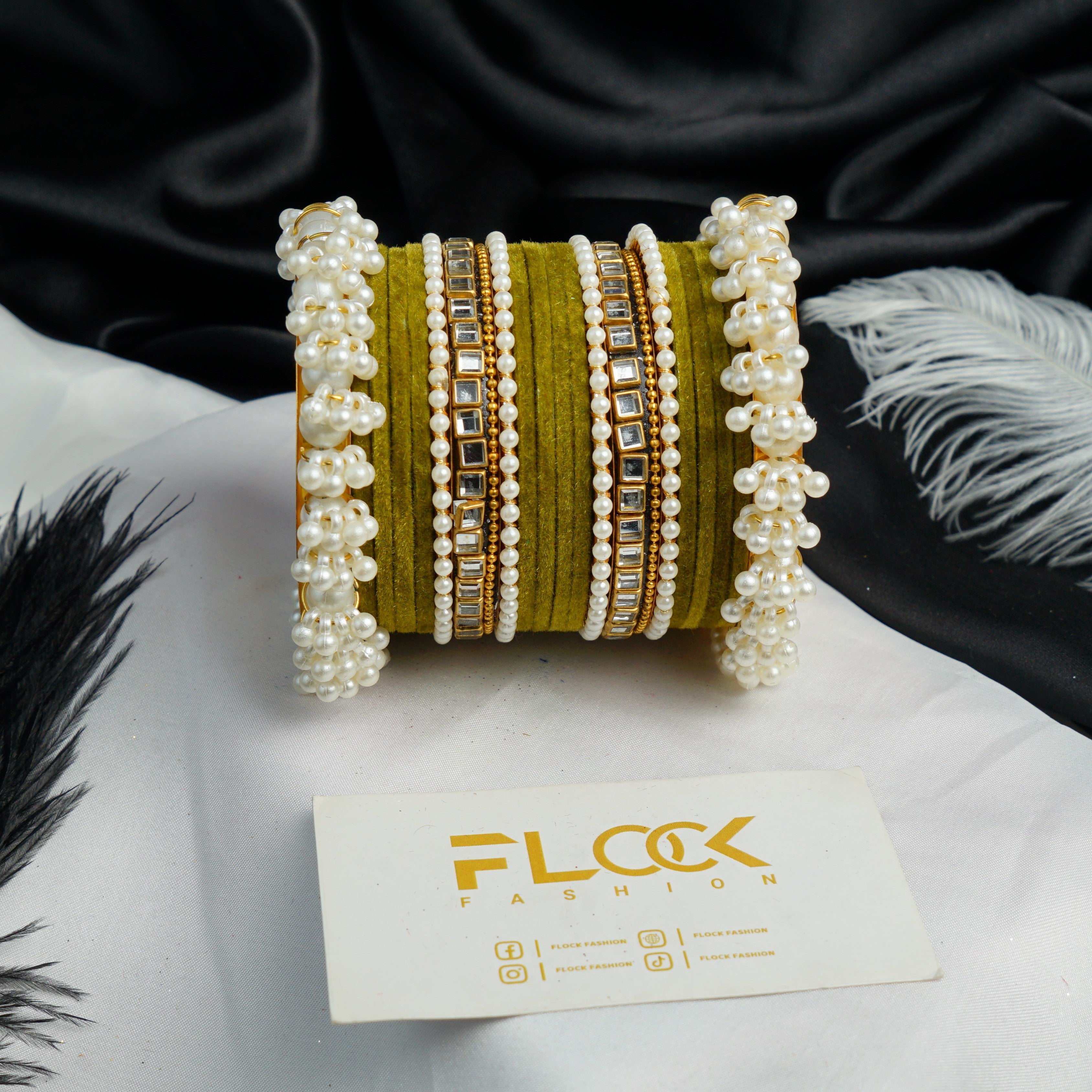 Pearl Kundan Velvet Bangle Set