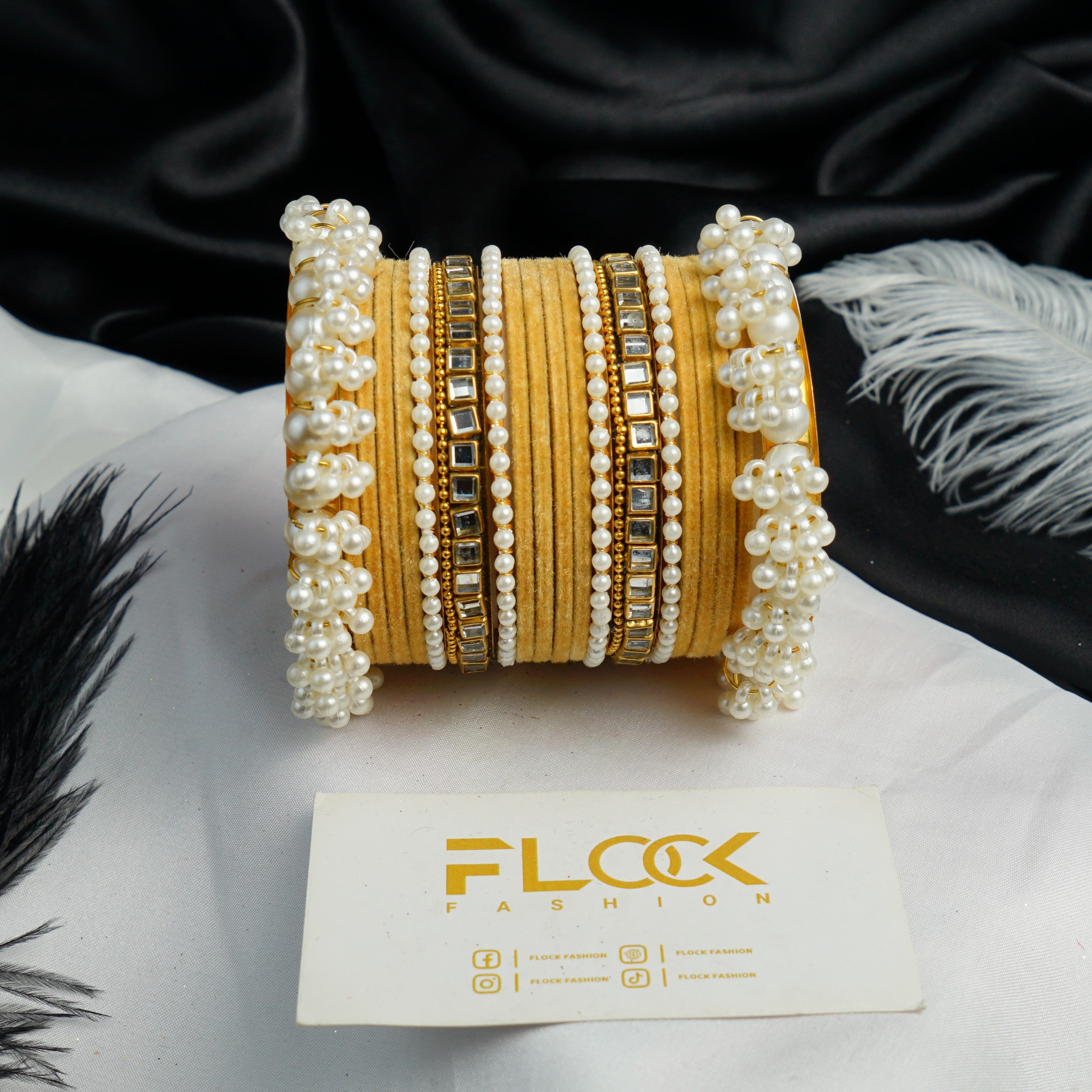 Pearl Kundan Velvet Bangle Set